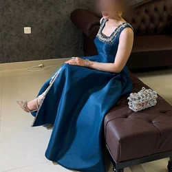 Flechazo Beading and Crystal Evening Dress Square Collar Sleeveless A-Line Open Back Floor Length Women Customized Party Gowns