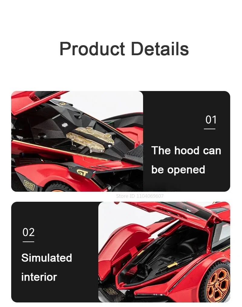 1:32 Lambor V12 GT Super Auto Modell Spielzeug Metall Druckguss Zurückziehen Musik Licht Miniatur Racing Fahrzeug Modelle Dekoration Jungen Geschenke – Detail 7