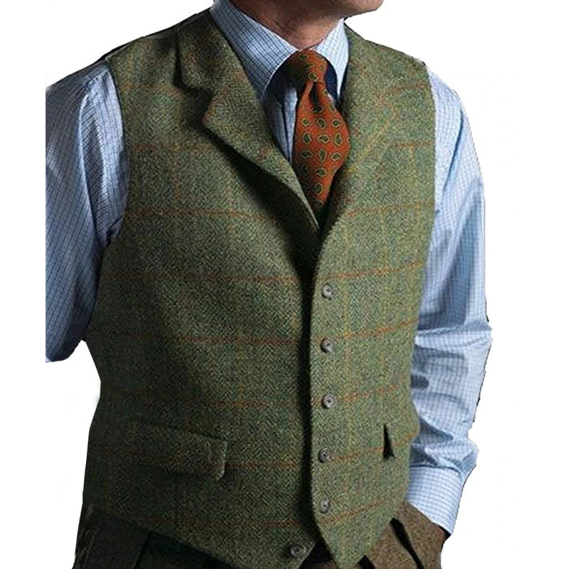 

Men Suit Vest Green Wedding Wool Herringbone Tweed Business Waistcoat Jacket Casual Vests For Groomsmen Man Wedding