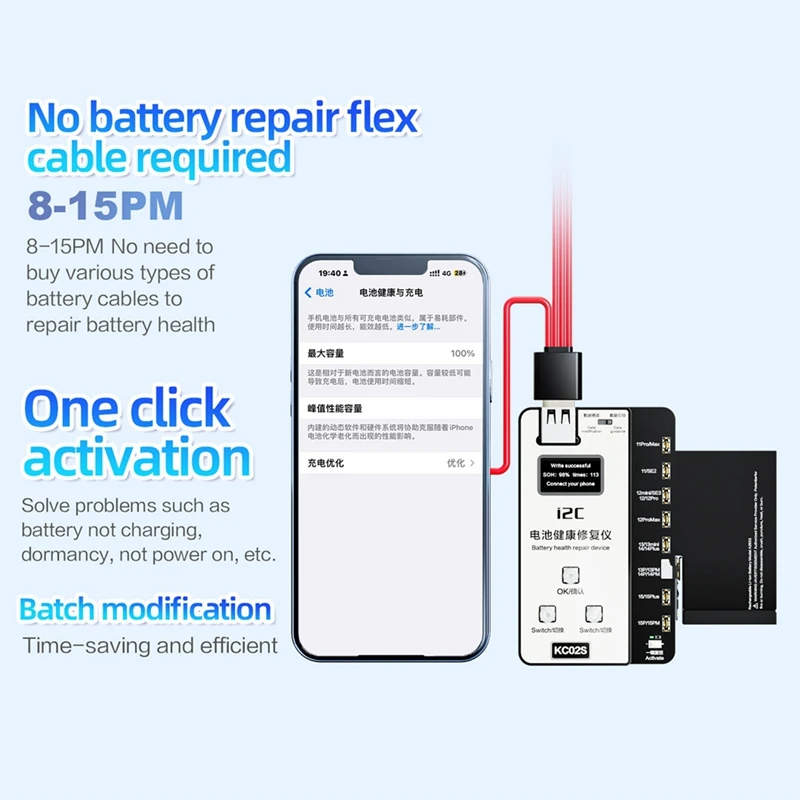 KC02S Battery Health Repair Device For Iphone 11-15PM Battery Free External Cable Change Efficiency Easy Install Easy To Use