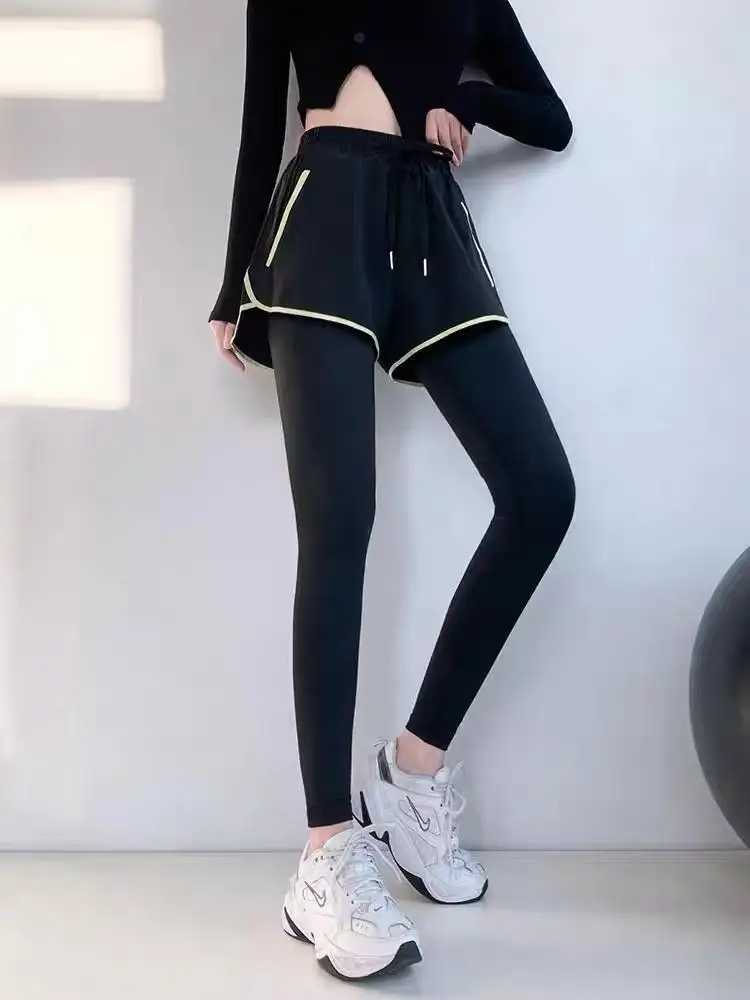 Gefälschte 2 Stück laufende Wander hose Sport enge Legging Frauen Fitness Hintern Legging Yoga hosen Gymnastik Leggings Sport bekleidung Yoga hosen