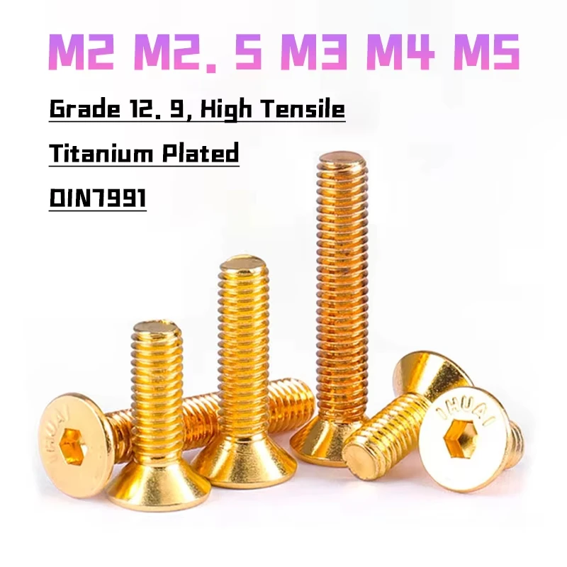 DIN7991 Grade 12.9 M2 to M5 Plating Titanium Countersunk Screws Gold Allen Key Socket Bolts Countersunk Head Hex Socket Screws