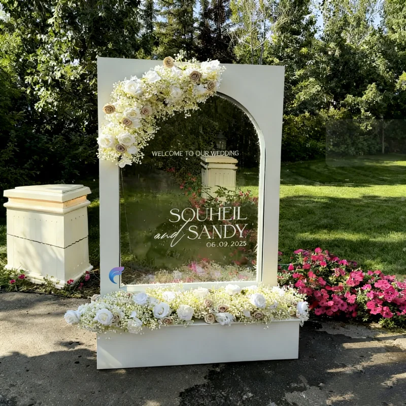 مخصص. الفولاذ المقاوم للصدأ الزفاف لافتات الزجاج شلال الجدار مع قوس الديكور LED نافورة التحكم اللاسلكية