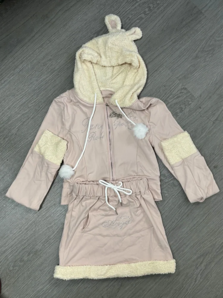 Winter Pink Kawaii Sets for Women 2 Pieces Warm Hooded Coat + Sweet Skirt Female Casual Korean Fashion Design Chic Set 2024 New