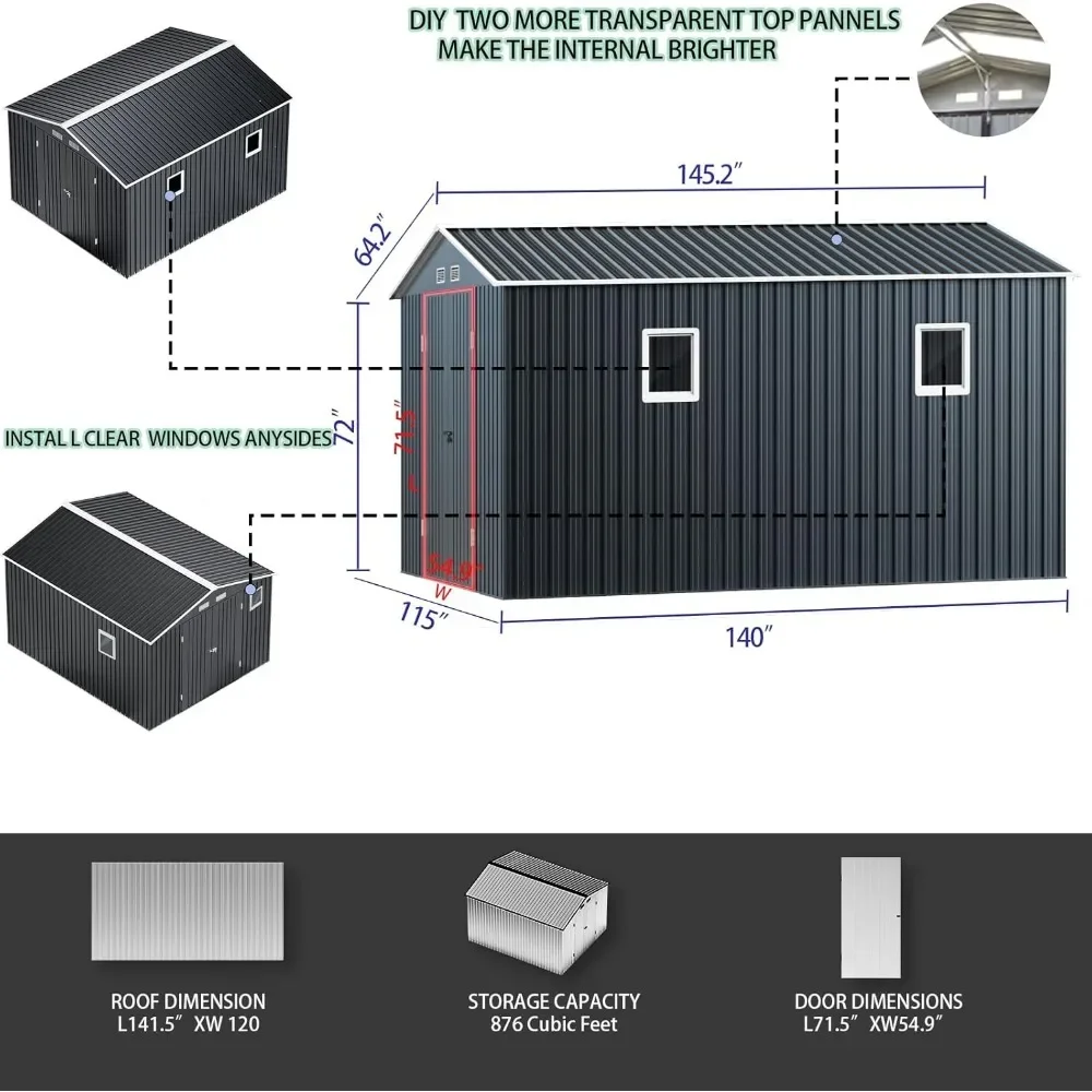 10X12X7.5 FT Outdoor Steel Storage Shed with Lockable Doors, 2 Windows, Transparent Roof Panels