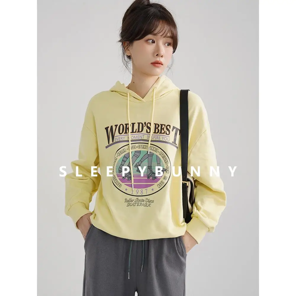 Vintage Graphic Hoodie Women Loose Fit Pullover with Drop Shoulder Design Casual Streetwear Hooded Sweatshirt for Spring 2024