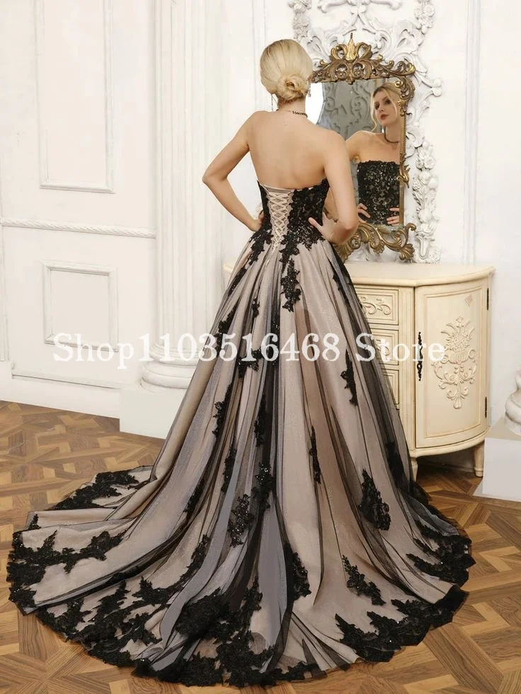 Gaun pernikahan Gotik hitam bertali kristal halus renda Applique Bustier A-Line gaun malam owns الالالábourne ة