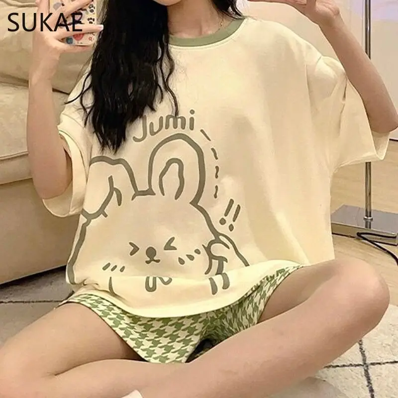 SUKAE Plus Size Women Summer Shorts Casual Milk Silk Sleepwear Kawaii Cartoon Homewear Short Sleeves Pullover Nightwear Pijama