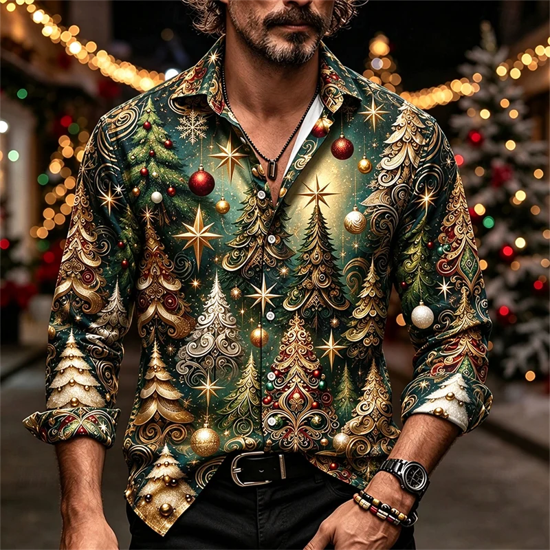 New men's shirt brown gold Baroque gold tree pendant ball star red fruit print slim fit trendy men's Christmas shirt