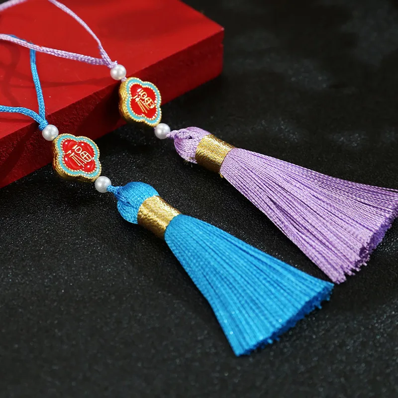 5pcs/Lot 6cm Gold Wire Wrapped Four Leaf Grass Lucky Character Tassel Ancient Style Hanfu Pendant DIY Jewelry Accessories