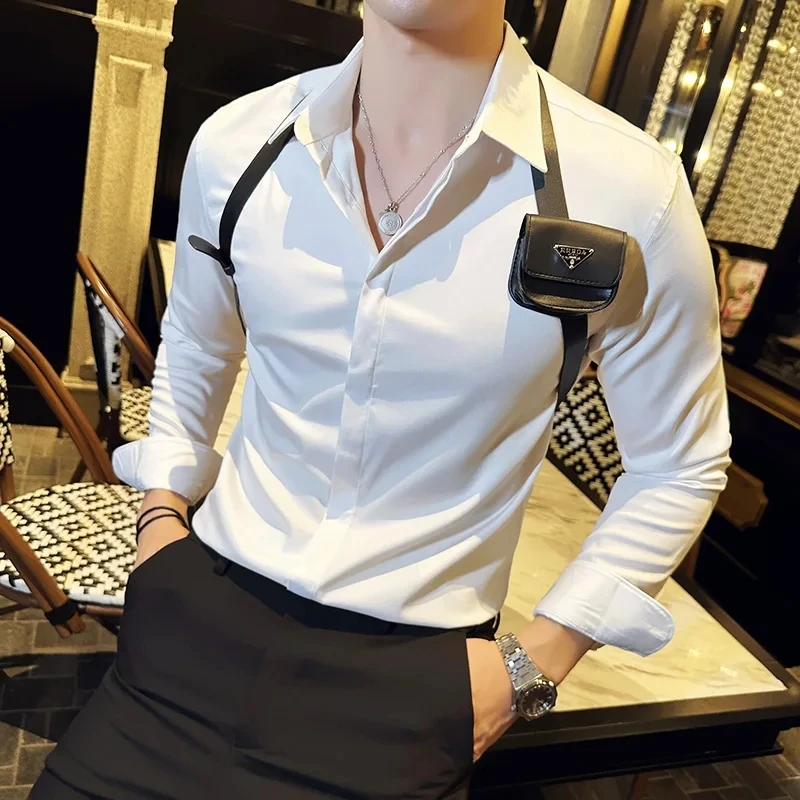 Men Strap Decoration Long Sleeve Shirts/Male Fashion Slim Fit Casual Shirt Brand Clothing Office Work White Shirts