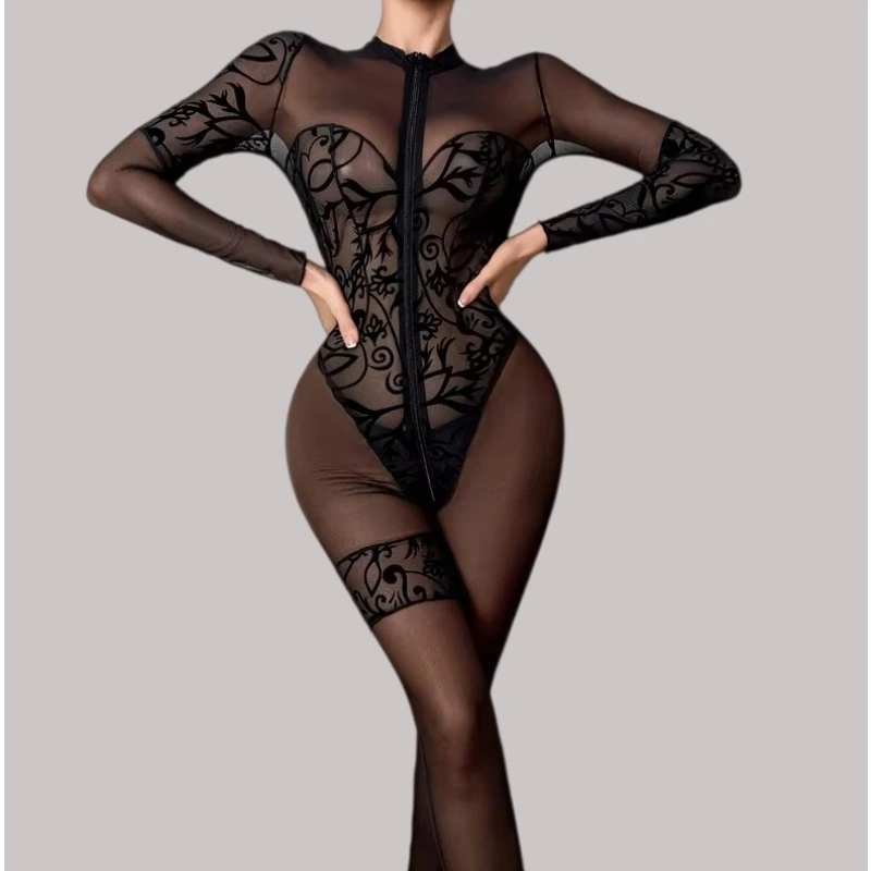 

Exotic Teddies Lingeries Sexy Hot Black Porno Erotic Embroidered Zip Jumpsuit 2PC Set Long Sleeve Exclusive Patterns Body Thong