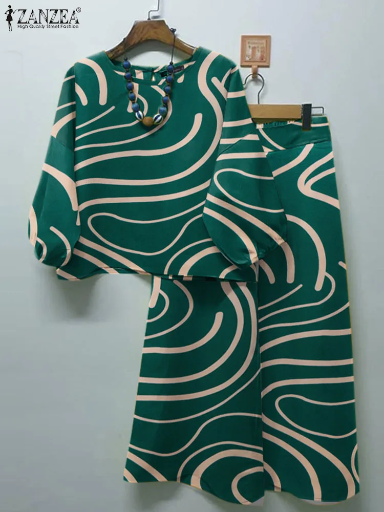 ZANZEA Fashion 2-częściowe zestawy damskie 3/4 rękawy topy i spodnie 2-częściowe stroje Casual Loose Printed Wide Leg Pant Suits Jesień 2024