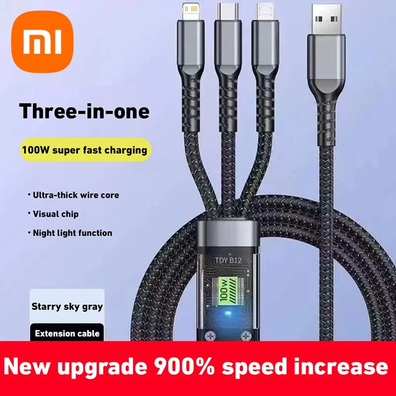 Xiaomi New 120W Super Fast Charging USB C Type 3 In 1 Data Cable With Light For IPhone Samsung Xiaomi Huawei Fast Charging Cords