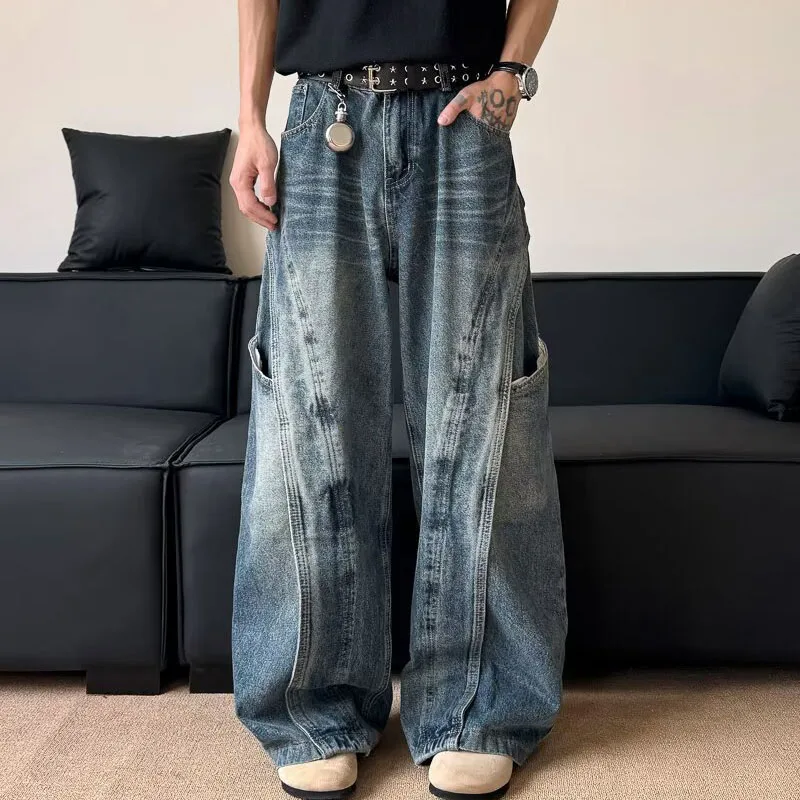 Korean Retro Jeans Men'S Curved Knife Pants Design Sense Vintage Casual Straight Leg Pants Loose Large Pocket Wide Leg Pants