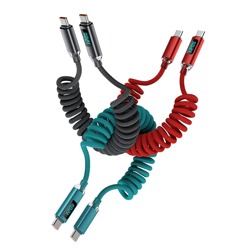 1m 2m Nylon Braided USB C Spring Cables 120W 5A High-speed Charging Data Transfer Wire Retractable Cord for IPhone Samsung