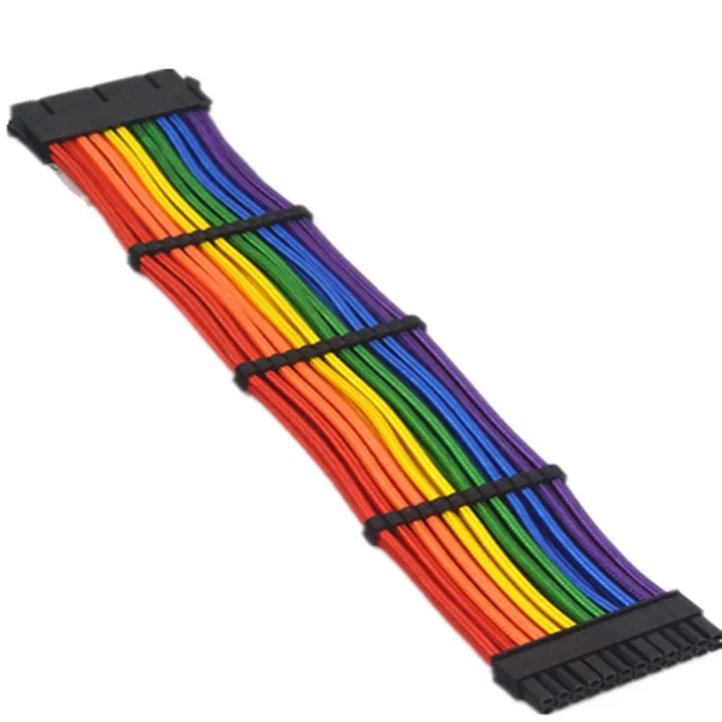 Placa base de chasis de ordenador, adaptador de Cable de fuente de alimentación de 24 Pines, red trenzada de nailon arcoíris, Cable de extensión de alimentación de 24P, 30cm, 1 pie