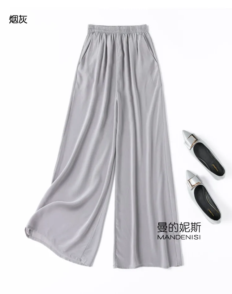 Tcyeek 100% Natural Silk Pants Women Summer Clothes Casual Elastic Waist Wide Leg Pants Solid Color Woman Trousers Streetwear