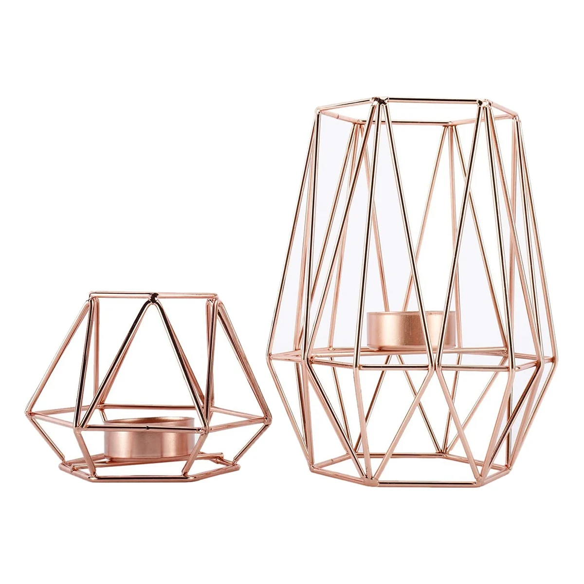 2 Pcs Hexagon Geometric Tea Light Candle Holders,Iron Hollow Candle Holders,for Wedding Home Decoration,Rose Golden(S+L)