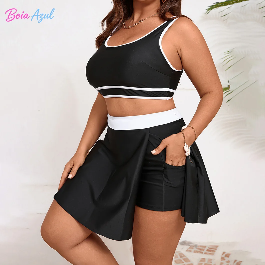 Plus size black and white contrast tankini two-piece swimsuit U-neck dress-style women's beachwear sexy backless swimsuit L-5XL view 5