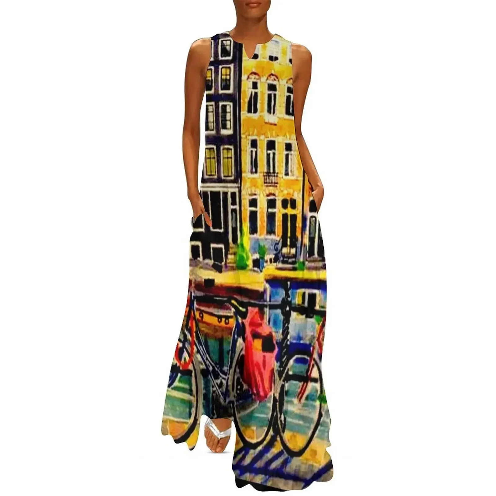 

AMSTERDAM : Vintage Bicycle Travel Print Long Dress long sleeve dress Aesthetic clothing Dress
