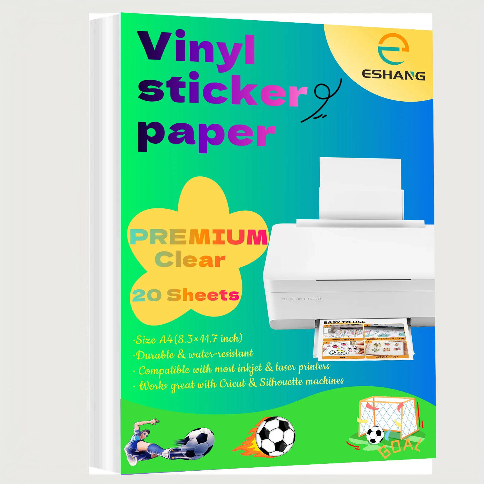 ESHANG CLEAR Waterproof Vinyl Sticker Paper, A4 20 pcs Self-Adhesive Sheets for Inkjet & Laser Printers