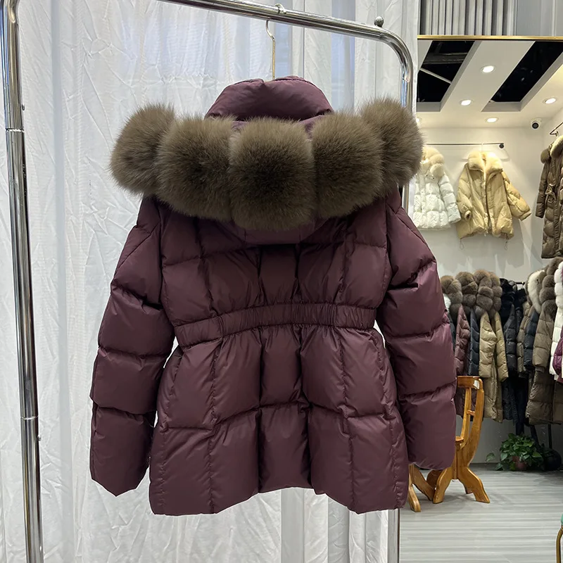 여성용 덕다운 패딩 재킷, 신상 리얼 퍼 아우터, 따뜻한 여성용 깃털 코트 및 파카, 후드가 있는 중간 길이 코트