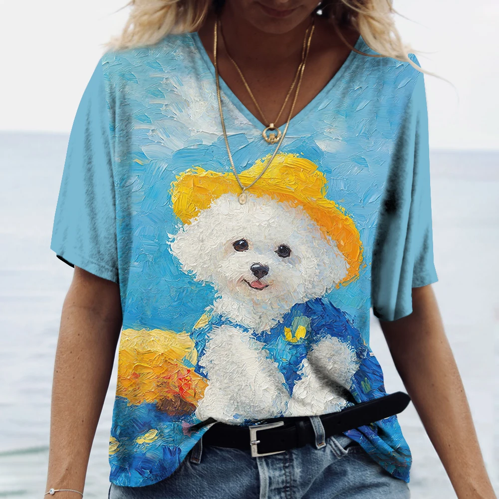 

Oil Painting Puppy Graphic Women's V-Neck T-Shirt Fashion Loose Casual Comfortable Tees 3D Print Creative Short Sleeve Pullovers