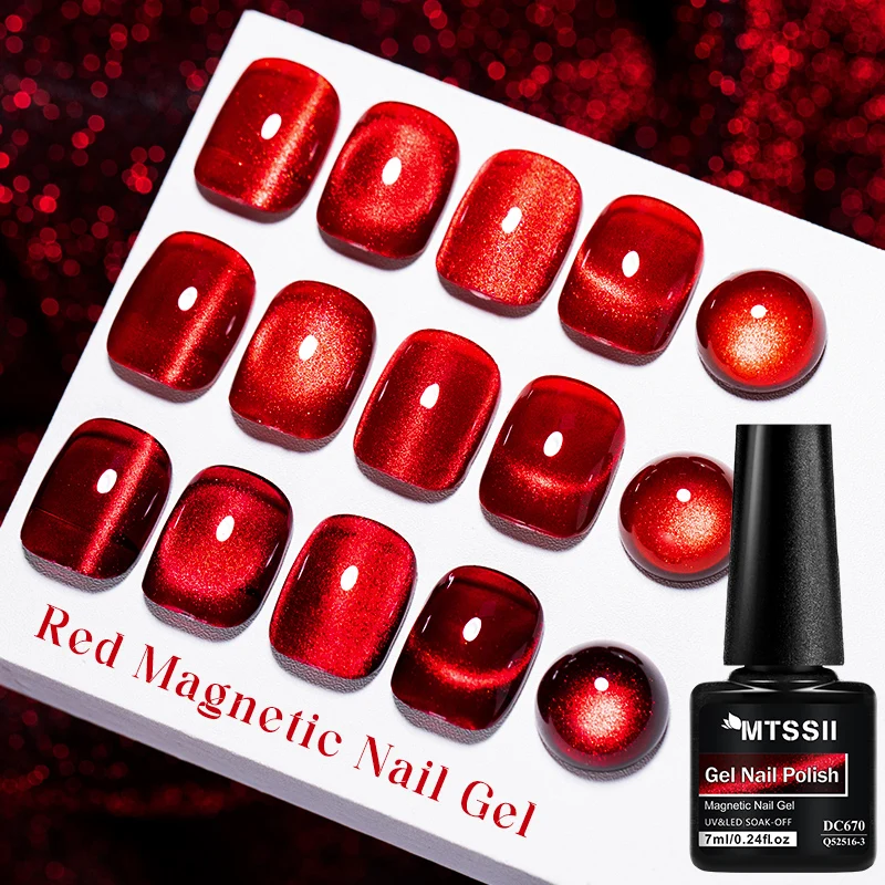 Mtssii 7ML Wine Red Cat Magnetic Gel Nail Polish Super Shiny Ruby Red Cat Eye Gel Soak Off UV Semi-Permanent Nail Art Varnish