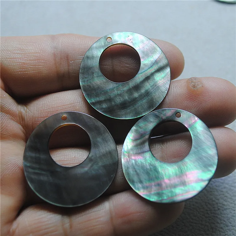 6PCS Natural Black Shell Pendants For Earring Drop 30MM Round Shape Hole With Circles Good Wholesale