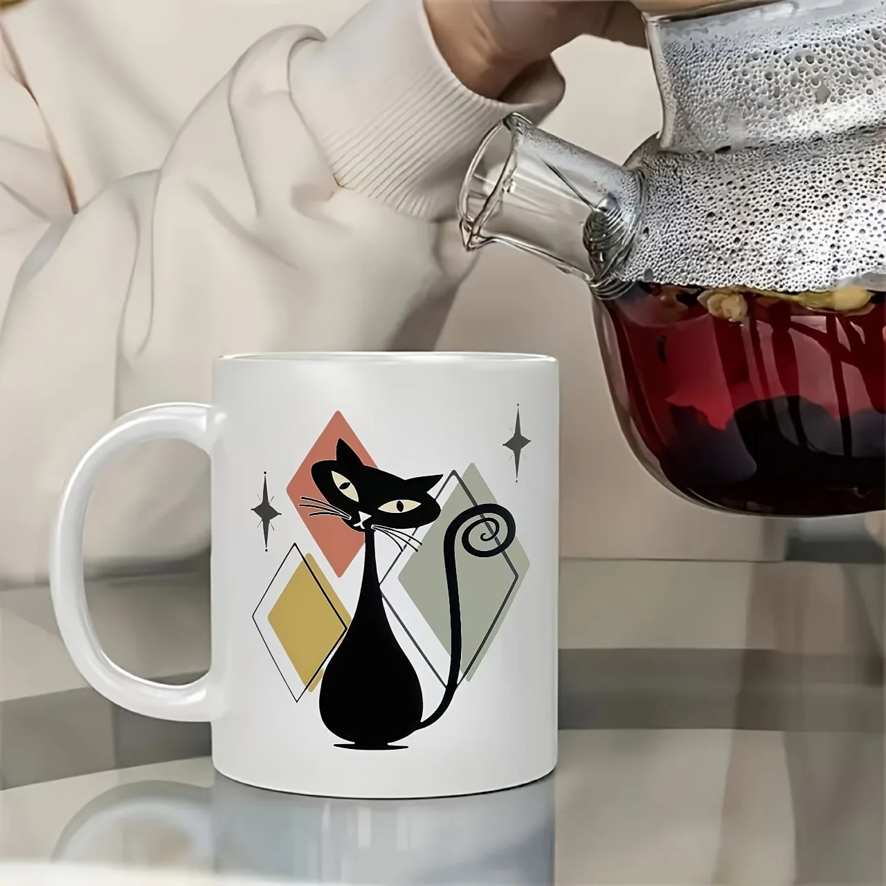 1pc Retro Atom Cat pattern mug, machine washable, suitable for everyday use in the kitchen and dining room.