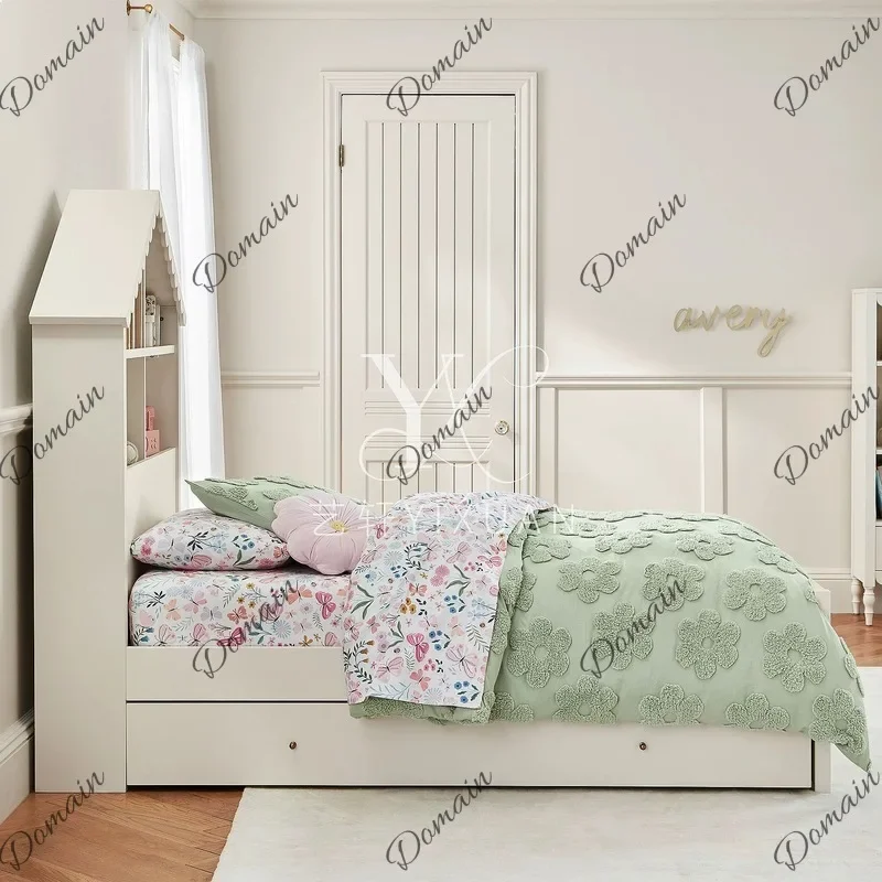 80 N French Cottage Style Kids Storage Bed with Pull Out Trundle Bookshelf Solid Wood Girl Bed
