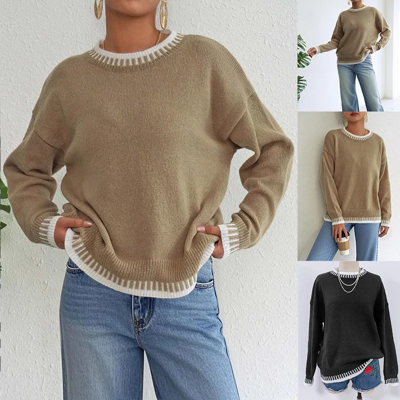 Oversized Knit Sweater Round Neck Color Block Trim Pullover Casual Top Trendy Cozy Warm Elegant Basic Women's Fashion Sweaters