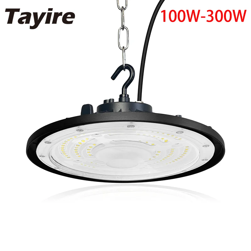 100W 200W 300W UFO LED High Bay Lights IP65 Waterproof Commercial Industrial Market Warehouse Garage Workshop Garage Lamps 6000K