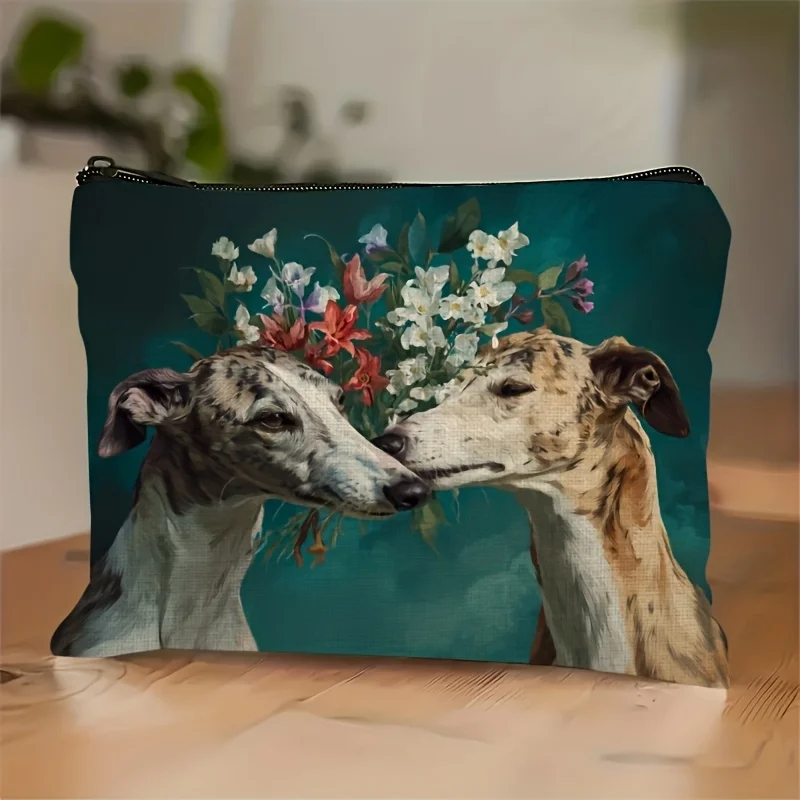 1 Piece Greyhound Love Dog, Flowers and Grass Cosmetic Bag - Women's Multifunctional Zipper Pouch, Perfect Travel Zipper Organizer, Fun Birthday Gift