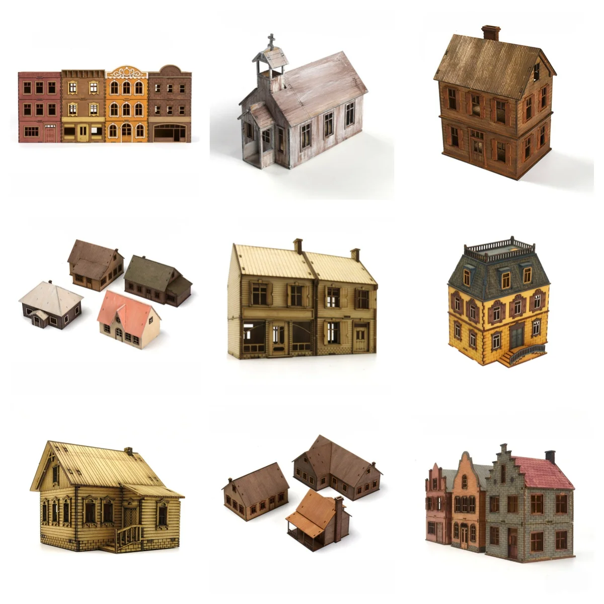 1/72 Holz-Bausatz Europäische Architektur Reihenhaus Laden Kirche DIY Puzzle-Modellbausatz für Tischdekoration
