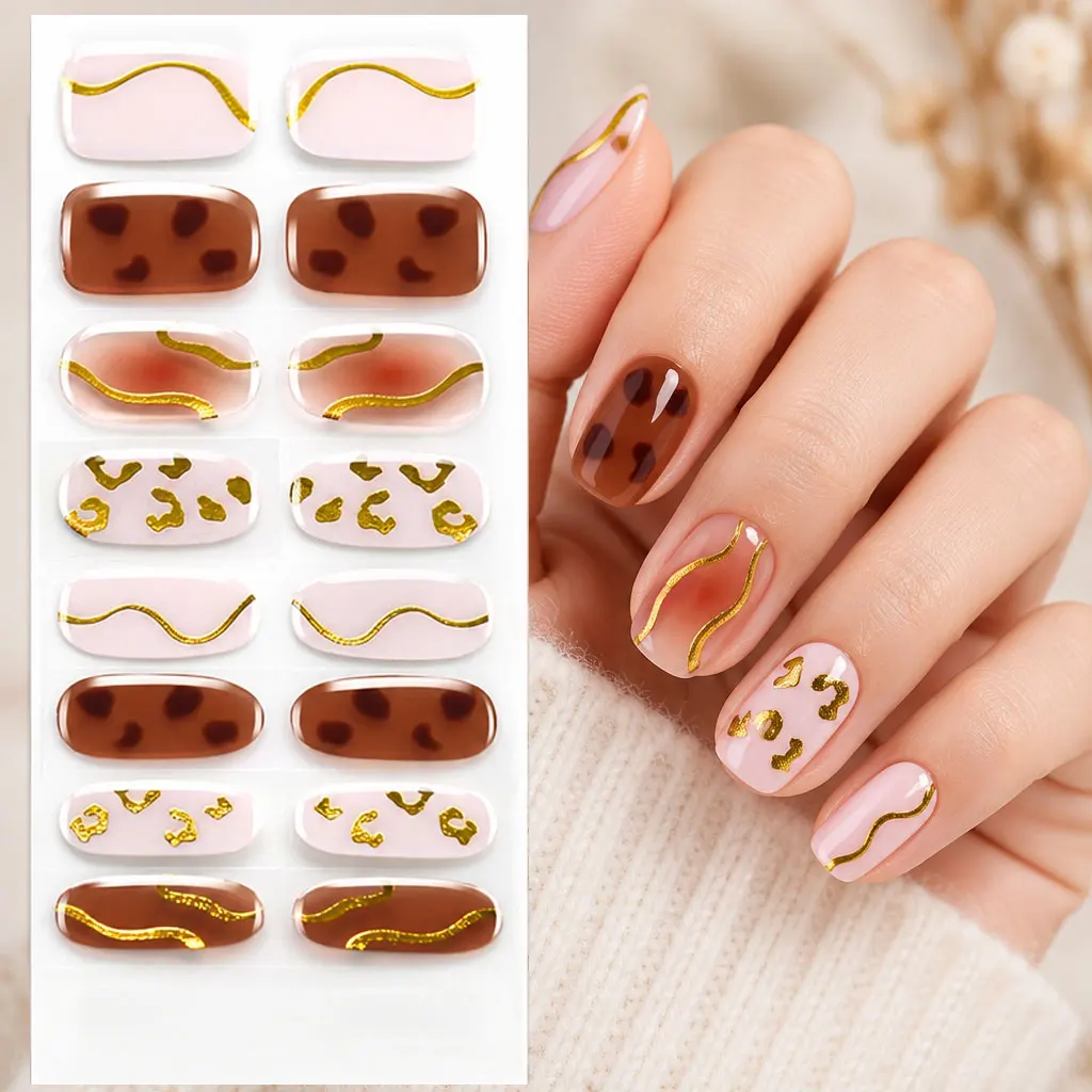 16tips Gold Leopard Print Nail Gel Polish Strips Sticker Autumn Brown Blush Full Nail Wraps Baking-Free Polish Gel Nail Decals