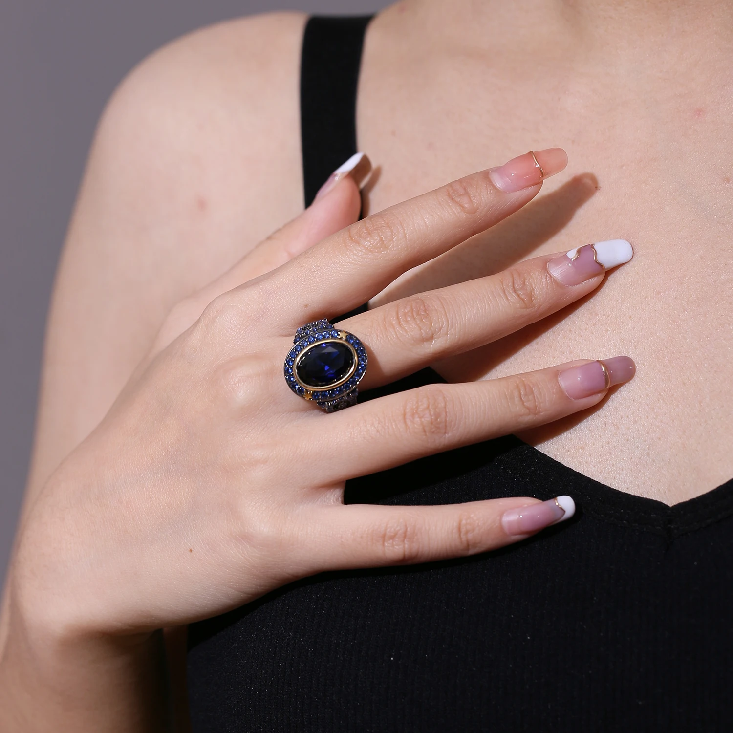 GEM\'S BALLET lab Blue Sapphire Vintage Ring 925 Sterling Silver Handmade Star Moon Element Ring for Women Fine Jewelry
