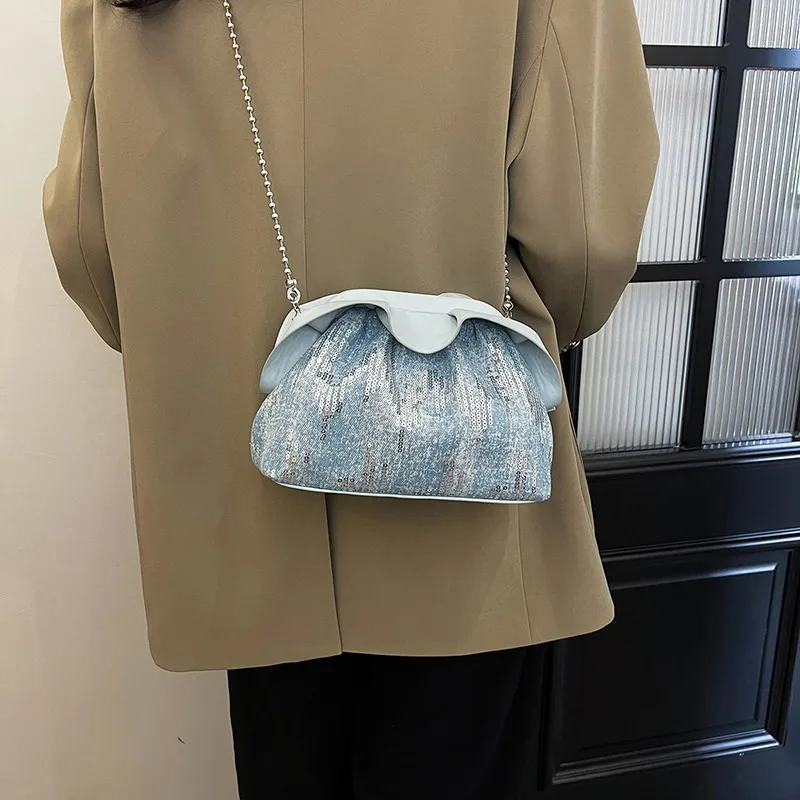 Pleated Skirt Bag for Women Bolso Muje Clamp Mouth Sequins Beading Thread Sewing Thread Denim Shoulder Bags