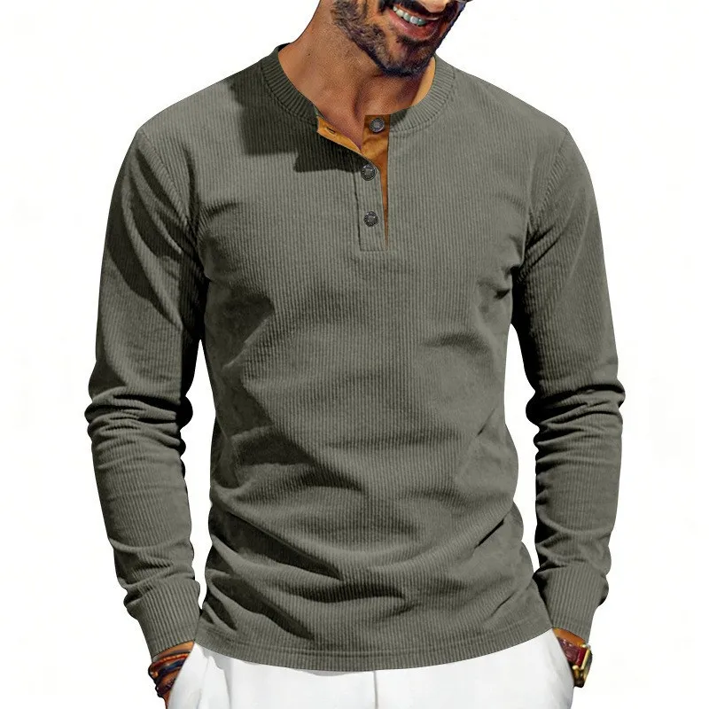 Men's Slim Fit Corduroy Shirt Three Button Ribbed Knit Top Beige Burgundy Olive Green Black Charcoal Crew Neck Casual Solid