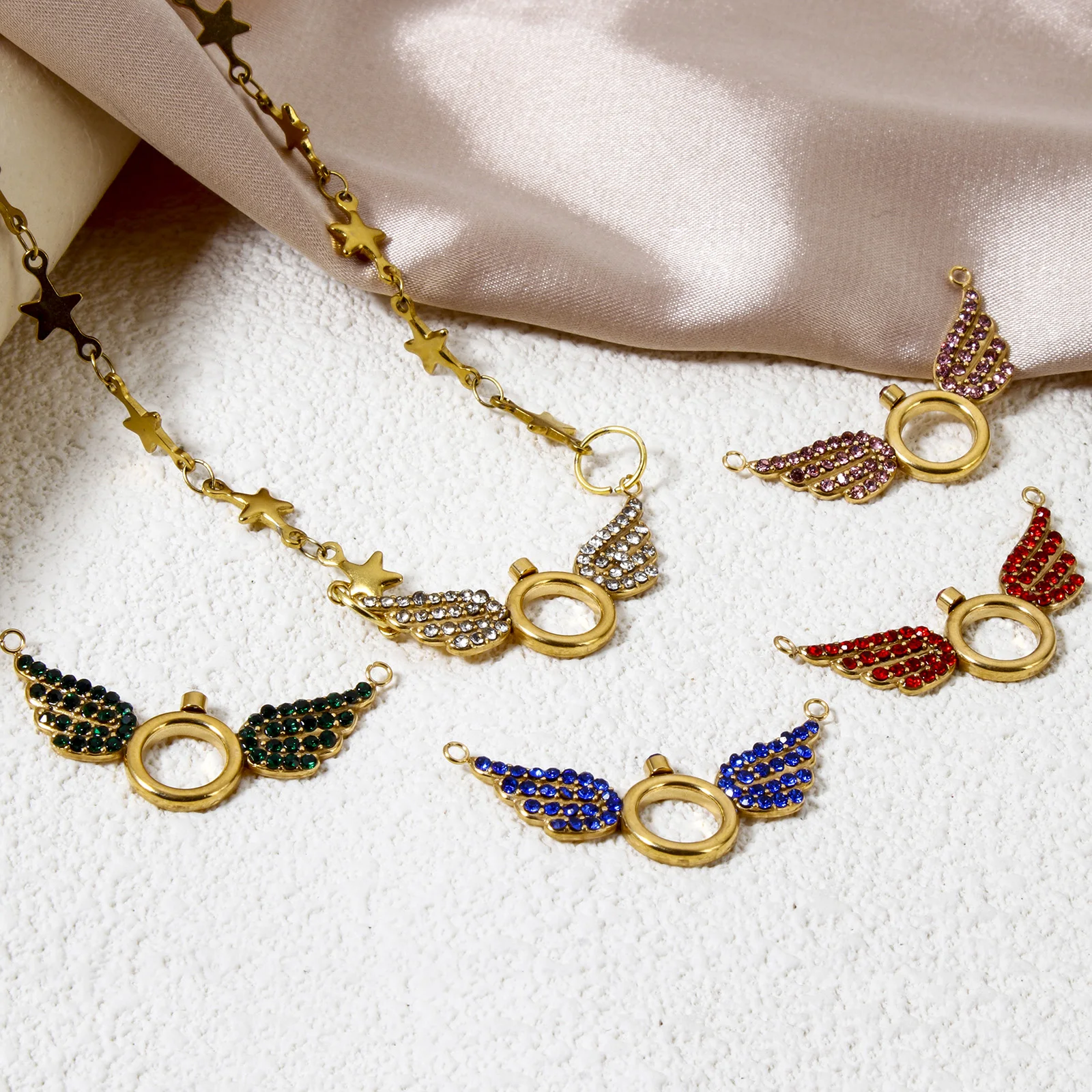 1pc Wings Stainless Steel Charms Gold Color Round Ring Multicolor Rhinestone Connector For Women DIY Necklace Jewelry Gift