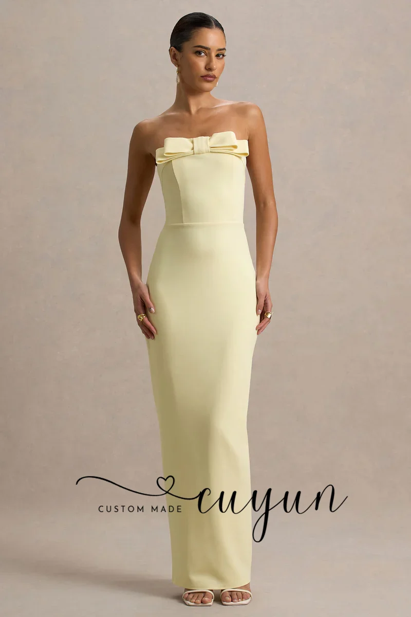 CUYUN Aangepaste Lichtgeel Strapless Boog Feestjurk voor Speciale Gelegenheden Terug Split Vloerlengte Avondjurk Diner Jurk