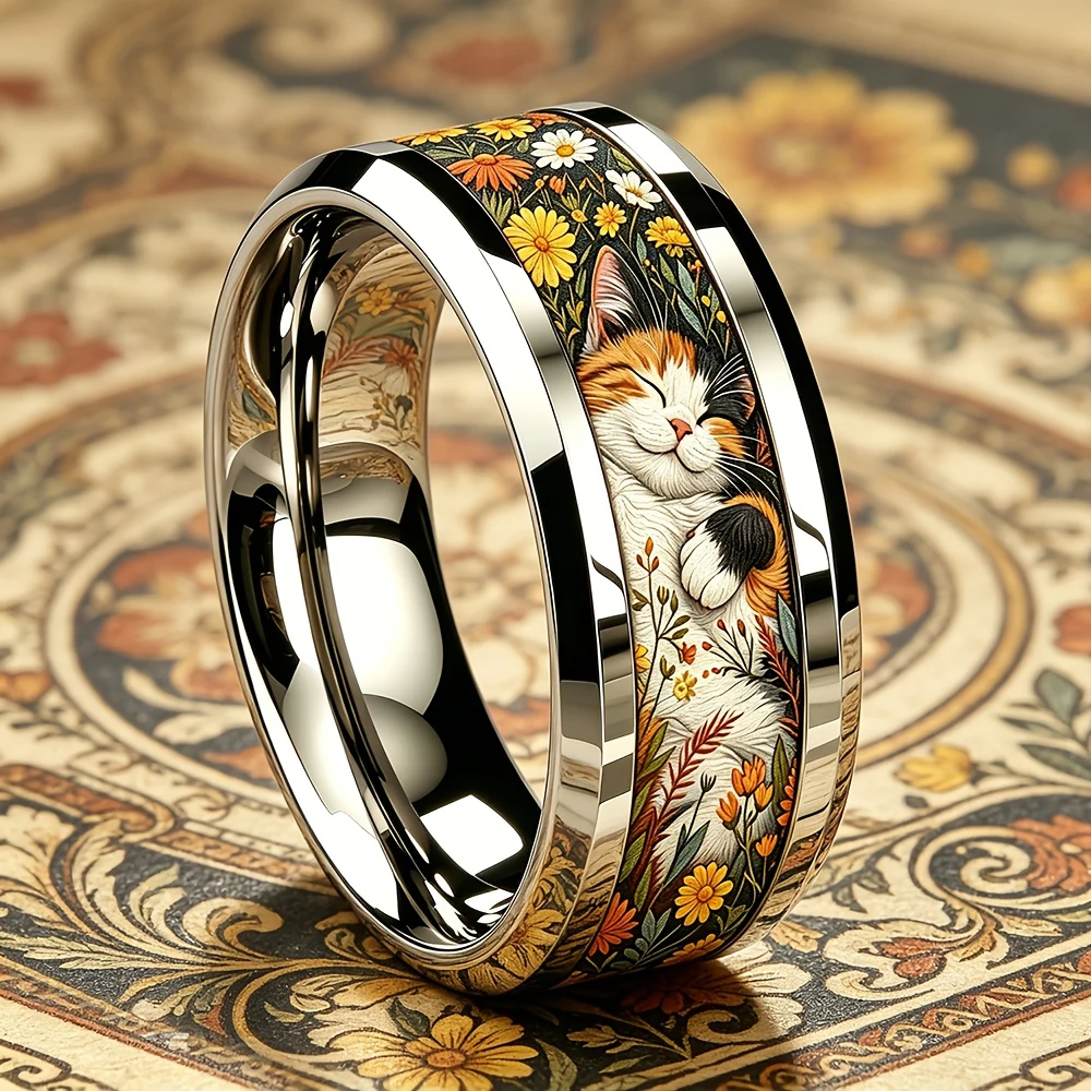 Niedlicher schlafender Calico-Katze & Wildgänseblümchen-Blumen-Intarsienring Elegante Edelstahlringe für Frauen Männer Hochzeit Party Schmuck Geschenk – Detail 5