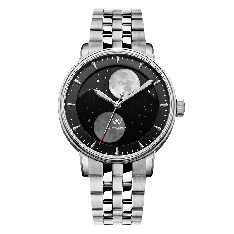 Reloj WM, relojes mecánicos automáticos para hombre, fase lunar, zafiro, resistente al agua, luminoso, doble luna, reloj Welly Merck WM142
