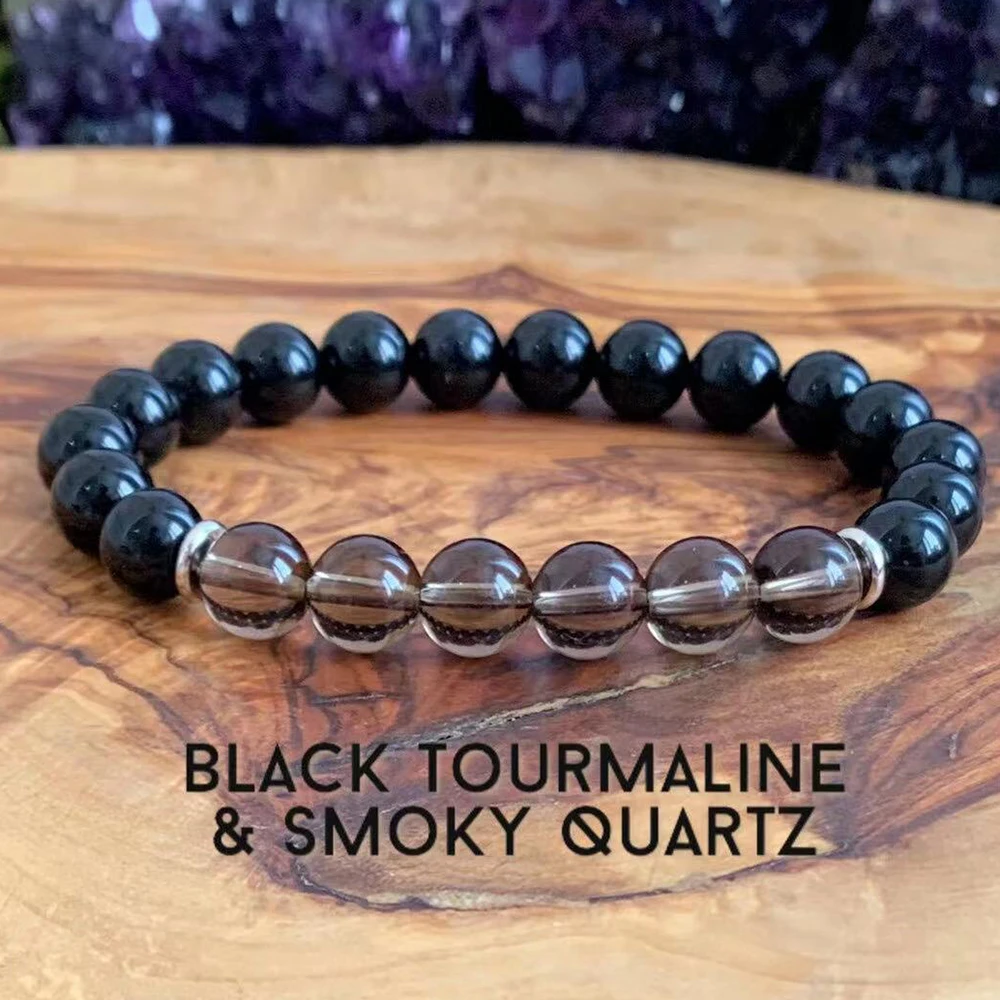 Ruberthen AAA Grade Black Tourmaline & Smoky Quartz Wrist Mala Mens Womens Grounding the Root Chakra  Wonderfully Protective