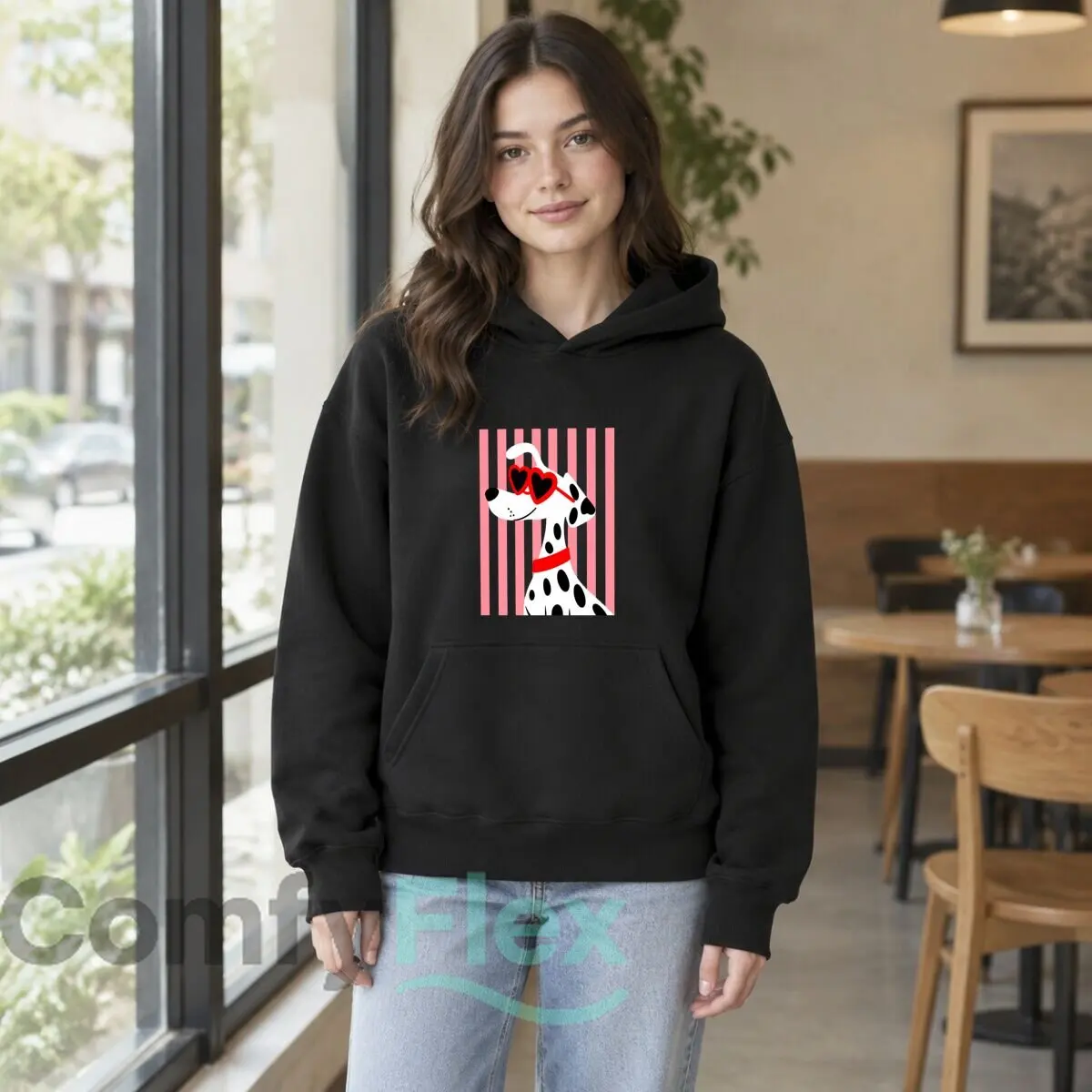 Dalmatian Dog Wearing Heart Sunglasses Pink Striped Background Autumn and winter new men's and women's hooded sweatshirts