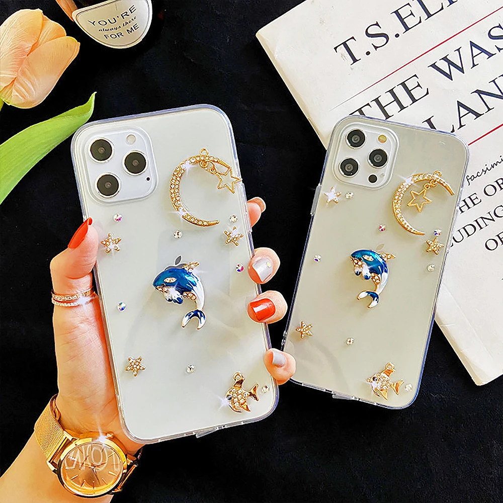 Glitter Diamond Star Moon Dolphin Clear Phone Case For Samsung Galaxy A91 A71 A51 A31 A21S Note 20 8 9 10 Pro Acrylic Back Cover