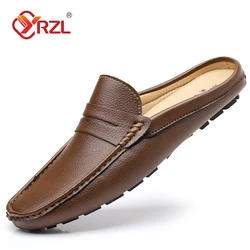 YRZL Loafers Summer Slip on Half Shoes for Men Leather Slippers Casual Breathable Comfy Loafers Moccasins Brown Black Beige