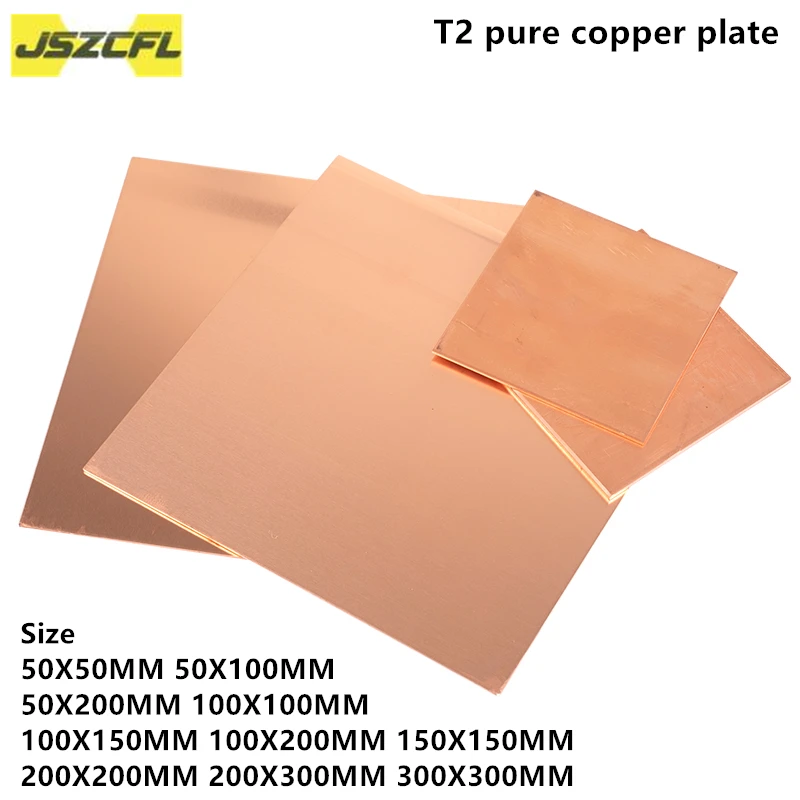 Placa de cobre puro personalizado 99.9% T2, 50x50, 100x100, 200x200, 300x300MM, hoja de Metal Cu de cobre para mecanizado CNC/refrigeración de ram
