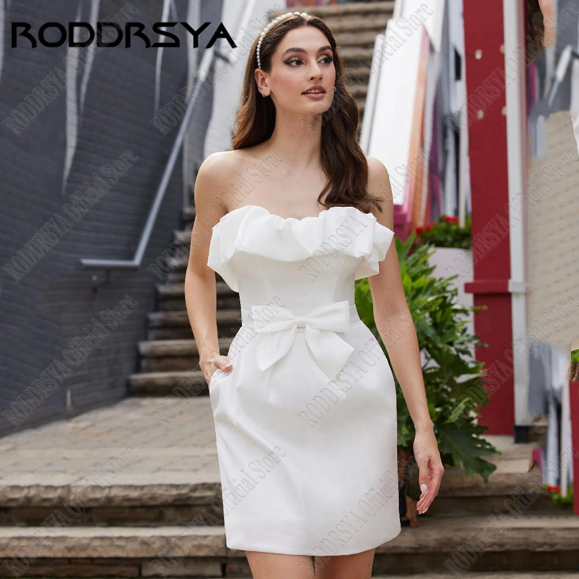 

RODDRSYA Strapless Satin Wedding Gowns Short Mermaid Sleeveless Robe De Mariée Bride Party Dress Backless With Bow Woman